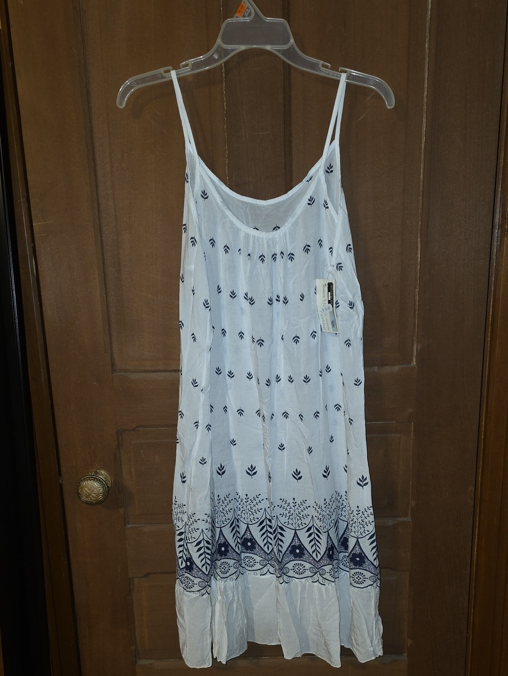 Lightweight White & Navy Embroidered Spaghetti Strap Cover Up